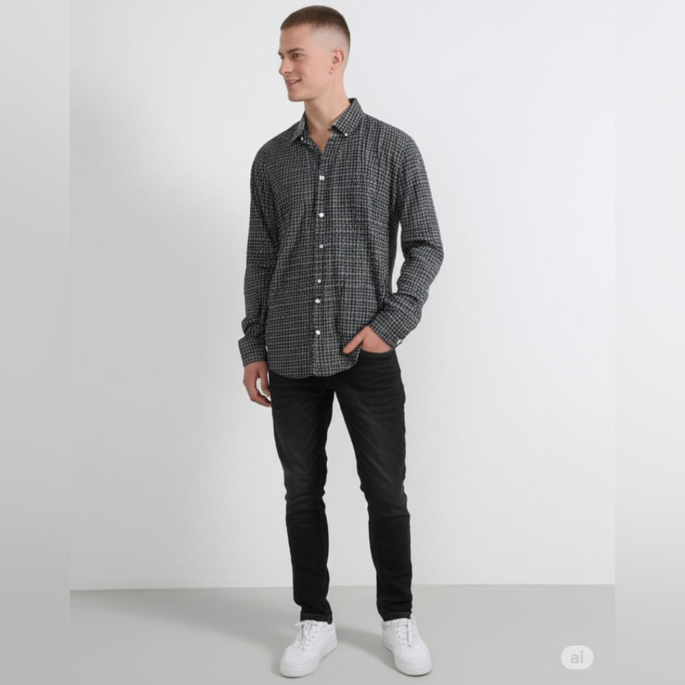 George Mens Plaid Dress Shirt 3XLT 54" -56" Black And Grey Long Sleeve